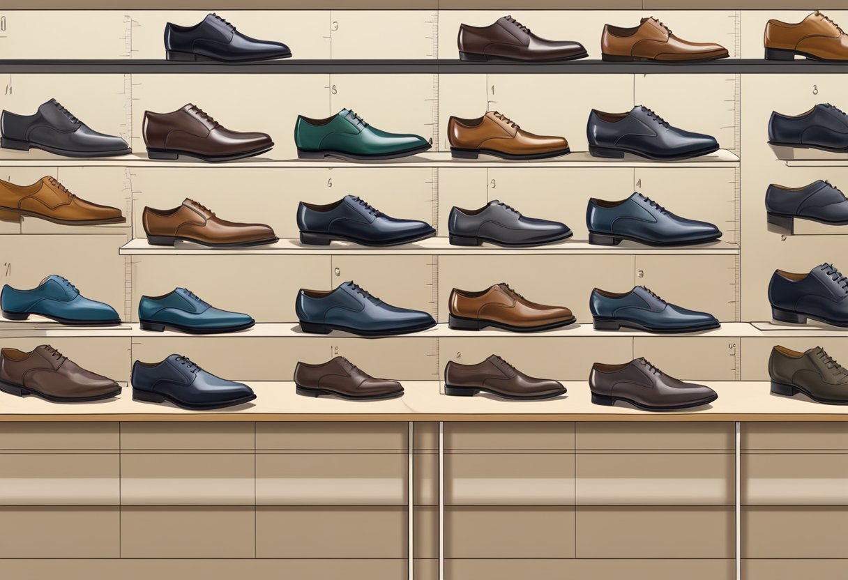 A row of men's dress shoes in various sizes, neatly lined up on a display shelf, with a measuring tape and size chart nearby