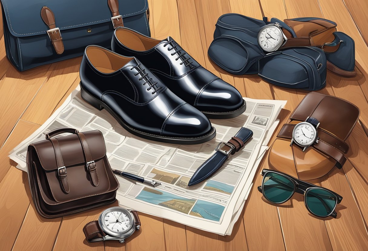 A pair of leather shoes sits on a polished wooden floor, surrounded by classic accessories like a watch, briefcase, and newspaper, evoking timeless sophistication