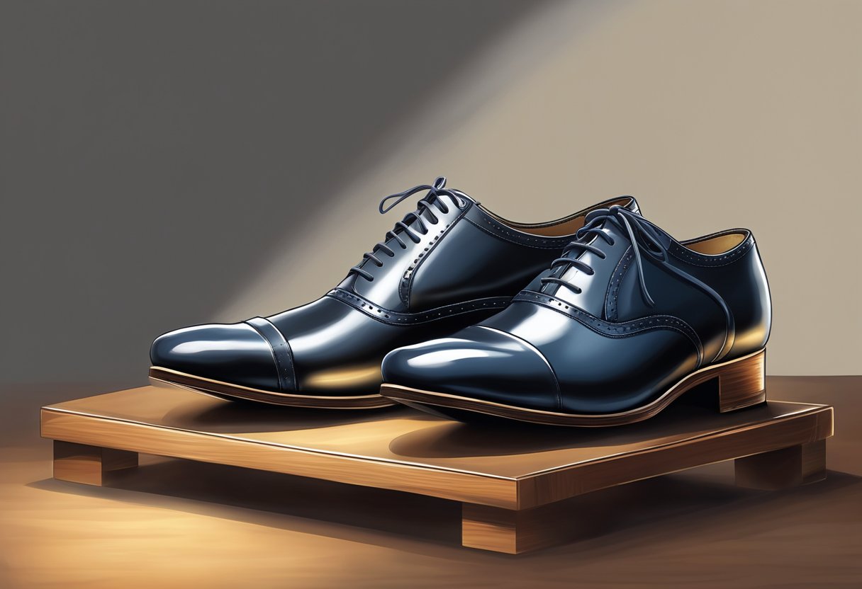 A pair of polished leather shoes, standing on a wooden shoe rack, with a soft spotlight highlighting their timeless elegance