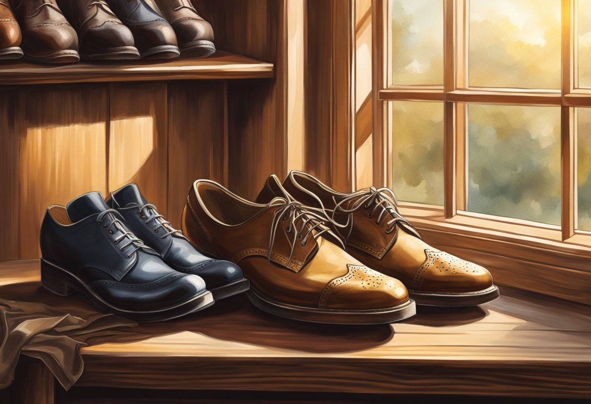 A pair of leather shoes sits on a wooden shoe rack, surrounded by other well-worn pairs. The sunlight filters through the window, casting a warm glow on the rich, supple leather