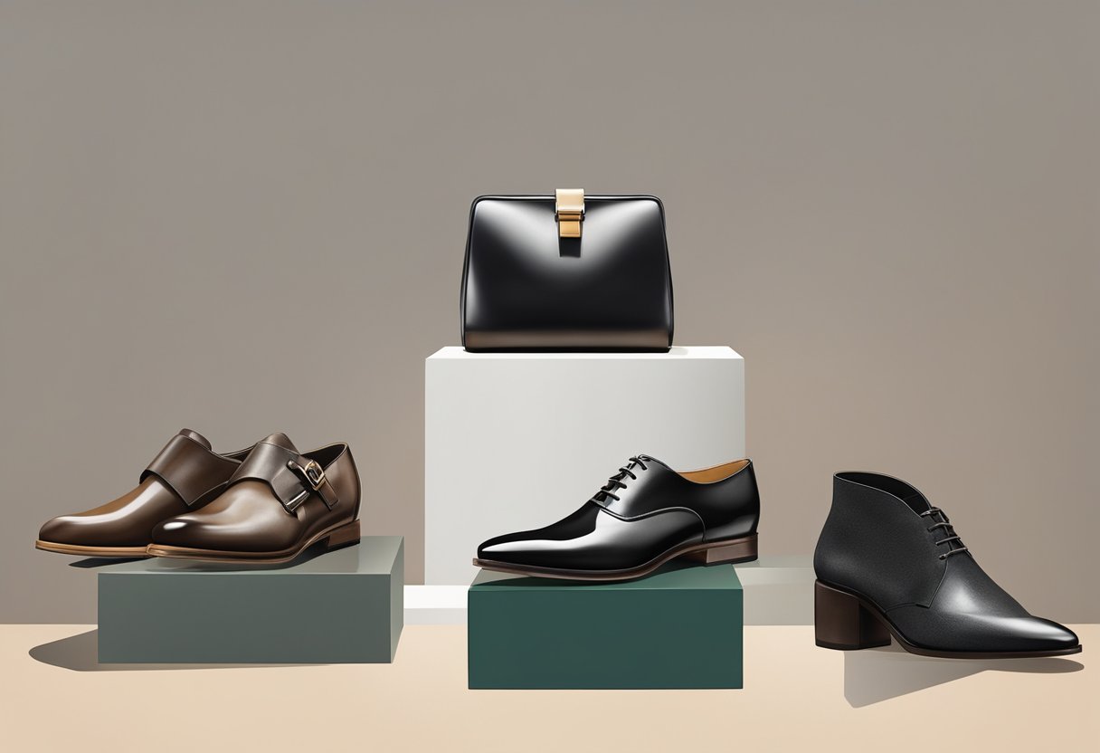 A pair of leather shoes displayed on a sleek, modern pedestal. Surrounding them are various fashion accessories, from belts to handbags, showcasing the versatility and timelessness of leather in fashion