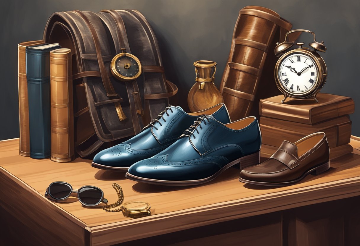 A pair of leather shoes sits on a wooden shelf, surrounded by vintage accessories. A clock in the background symbolizes the timeless nature of the investment