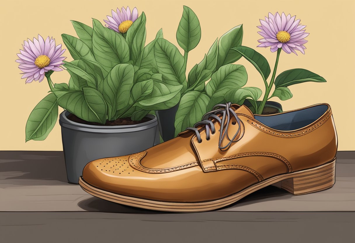 A pair of leather shoes placed next to a blooming plant, symbolizing the timeless investment of sustainability and ethical considerations