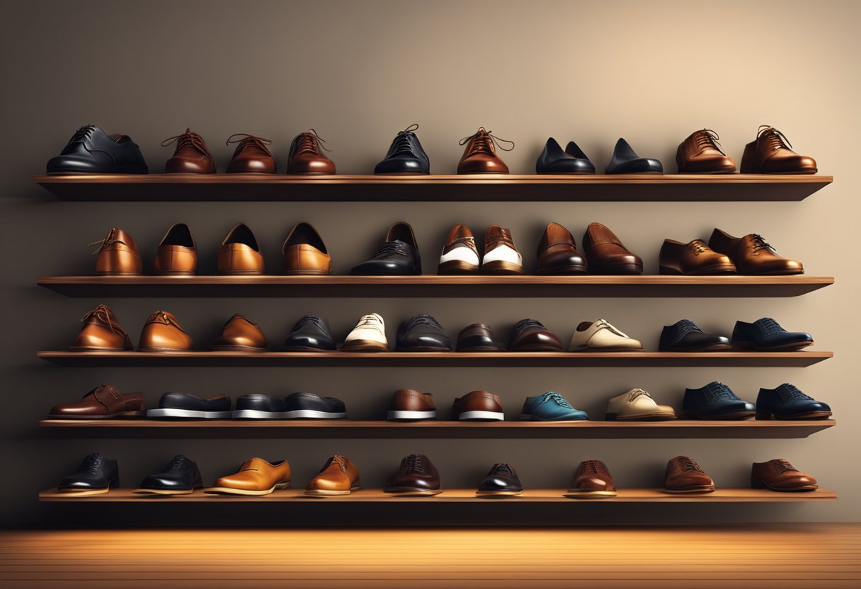 A row of leather shoes displayed on a polished wooden shelf, with a soft spotlight highlighting their craftsmanship and quality