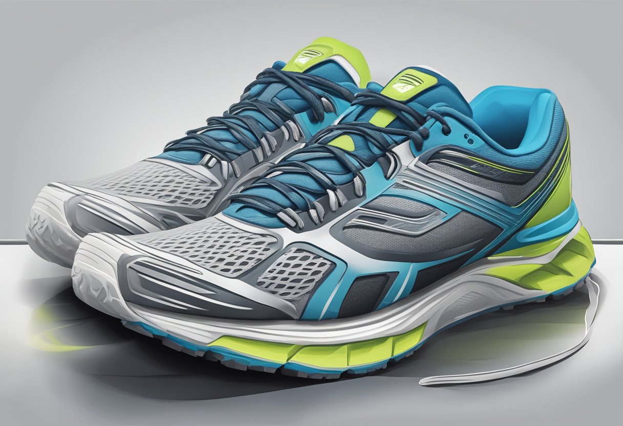 A pair of running shoes placed on a clean, well-lit surface. The shoes are sleek, with cushioned soles and breathable mesh uppers. They are surrounded by a variety of running terrains, such as pavement, trails, and tracks