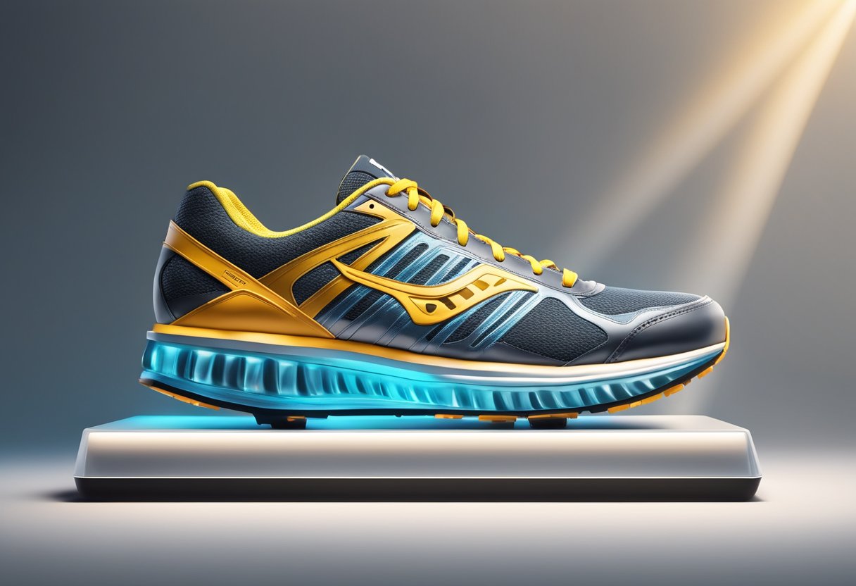 A pair of running shoes on a sleek, modern display stand with a spotlight highlighting the key features like cushioning, support, and flexibility