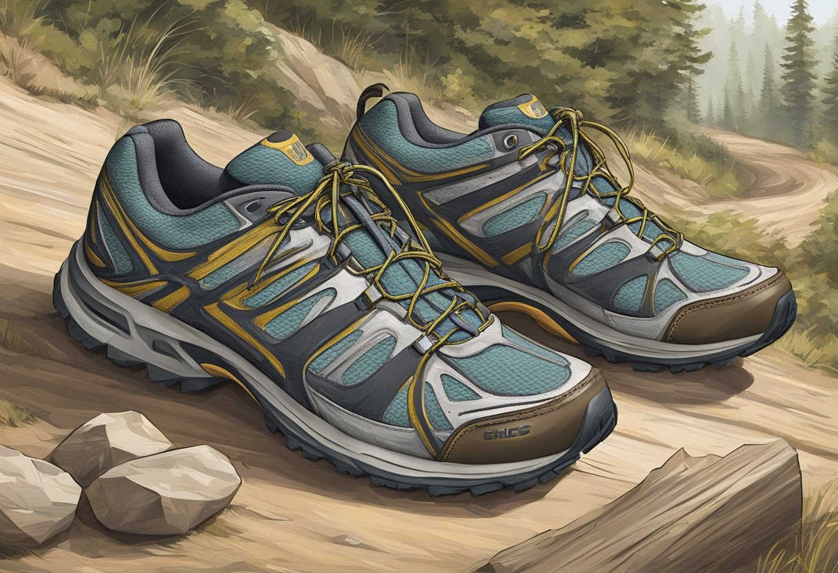 A pair of running shoes on a rugged trail, showing signs of wear and tear. The material is sturdy and the shoes appear to have good durability