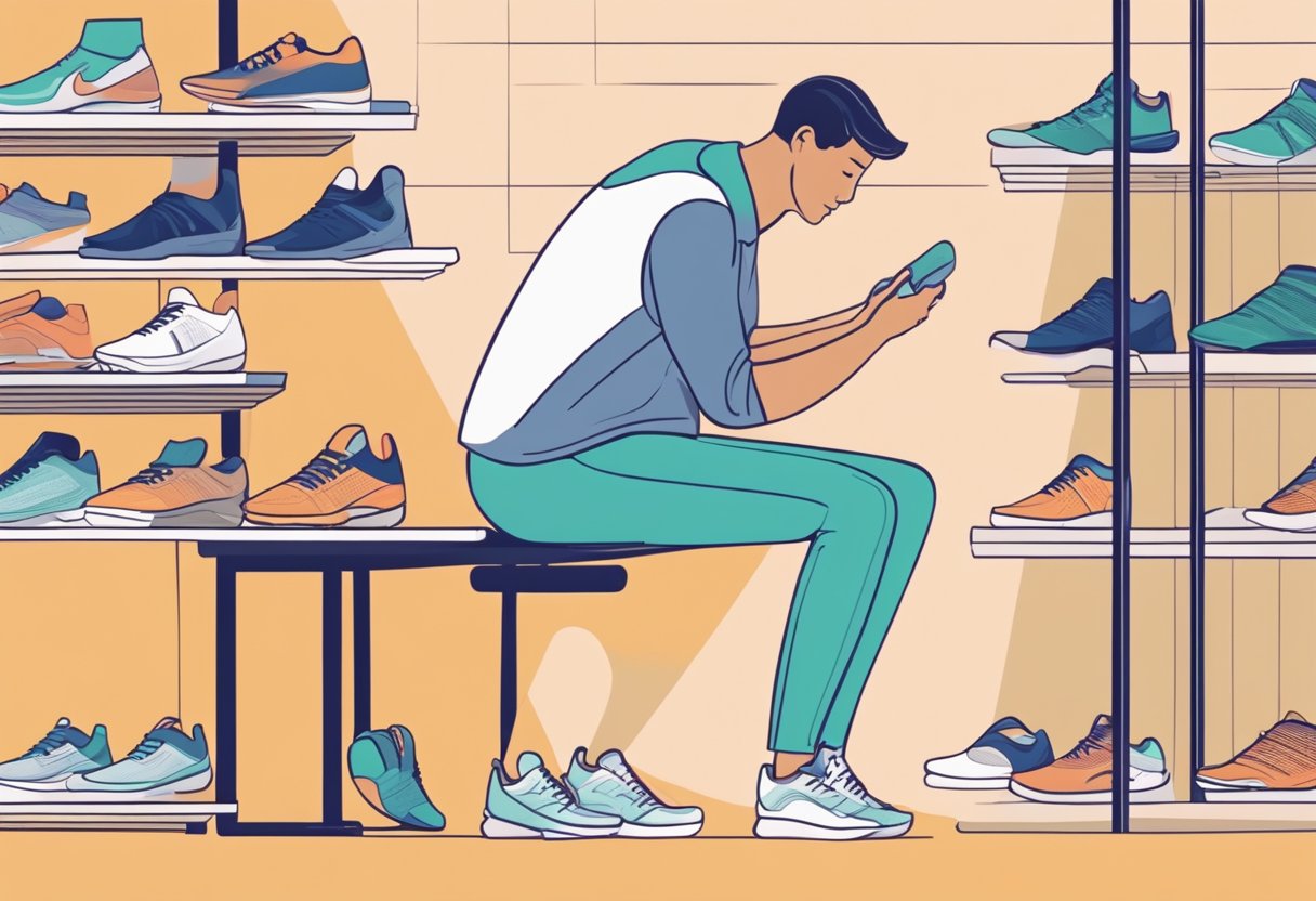 A runner trying on different pairs of shoes in a store, examining the fit and support while a salesperson discusses features and pricing