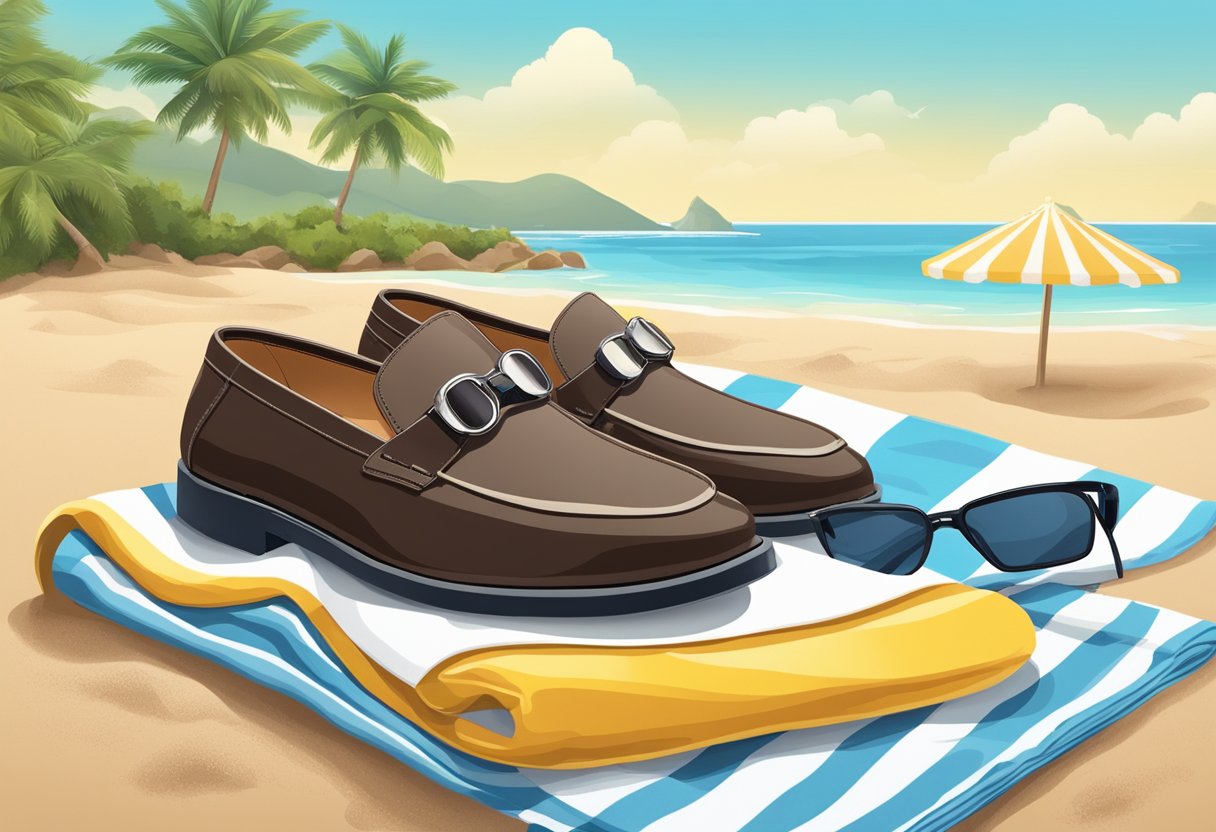 A pair of loafers placed next to a beach towel and sunglasses, with a backdrop of a sandy beach and clear blue skies