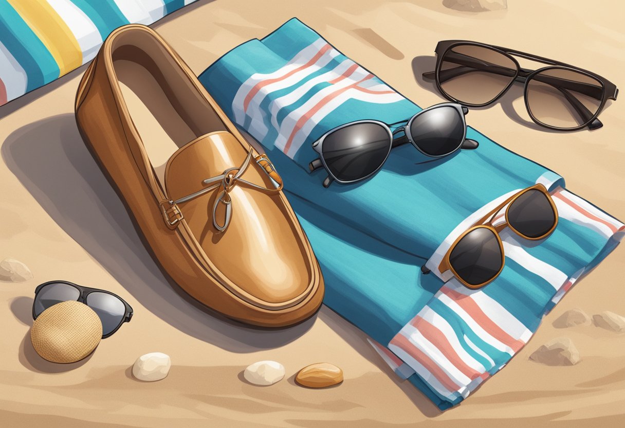 A pair of loafers placed next to a beach towel and sunglasses, with a casual outfit in the background, showcasing their versatility for summer wear