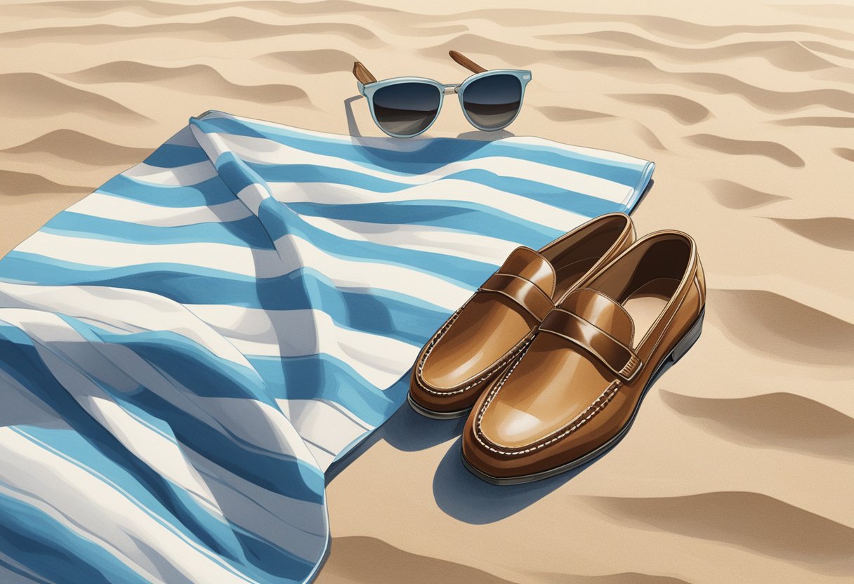 A pair of loafers placed next to a beach towel and sunglasses on a sandy beach, with a clear blue sky and gentle waves in the background