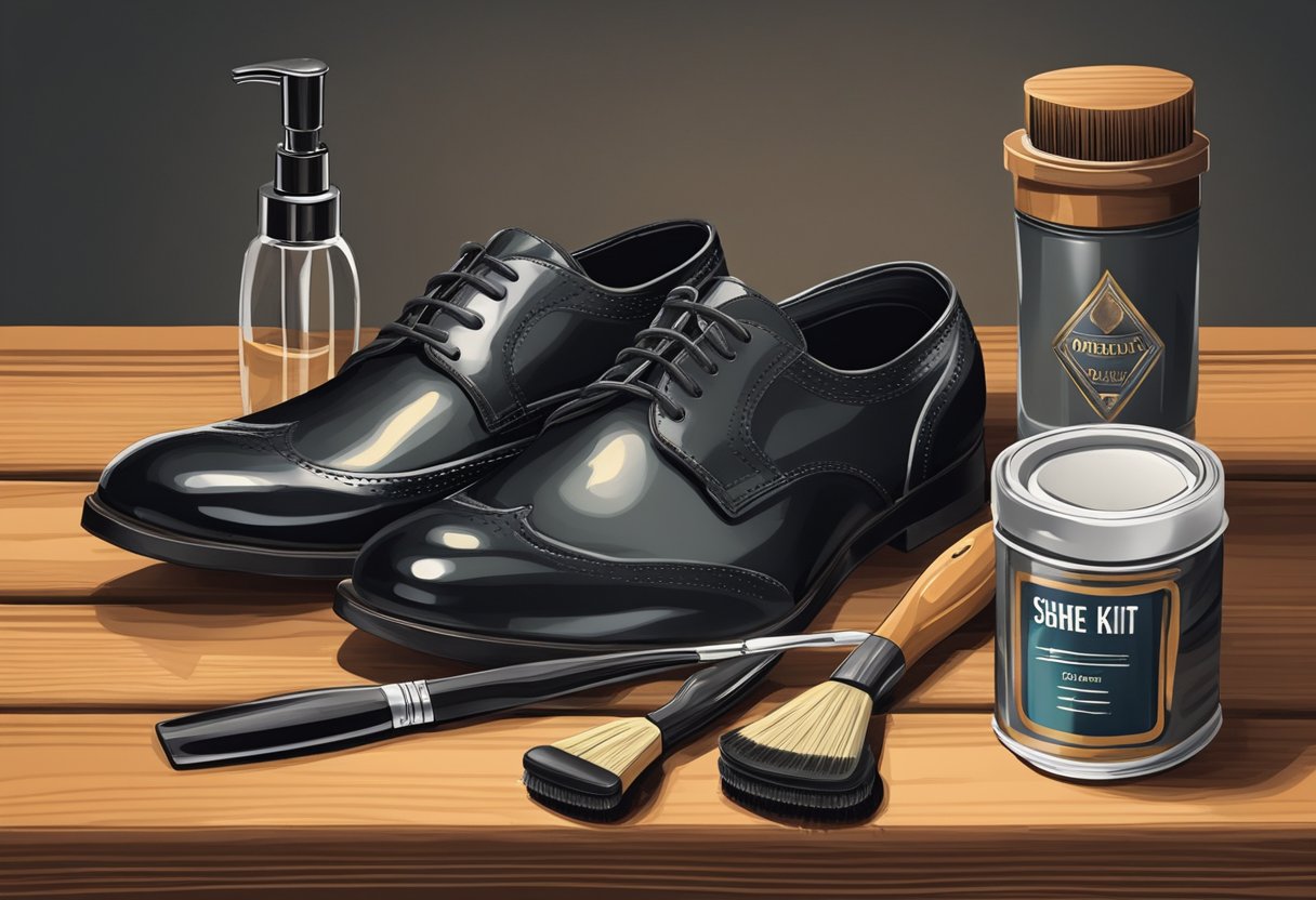 A shoe care kit open on a wooden table with a brush, polish, and cloth. A pair of men's shoes sits beside it, showing signs of wear