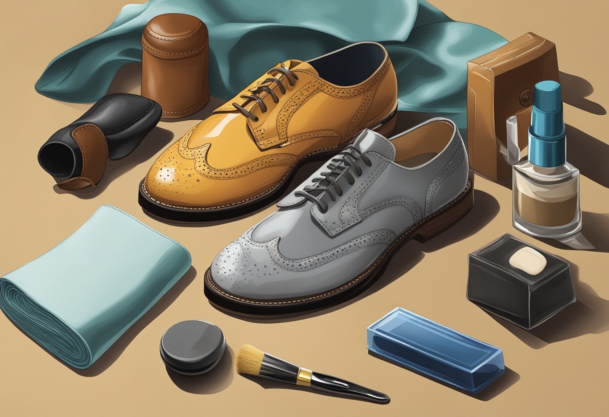 A table with various shoe materials: leather, suede, rubber, and canvas. A shoe care kit, brush, and polish displayed next to them