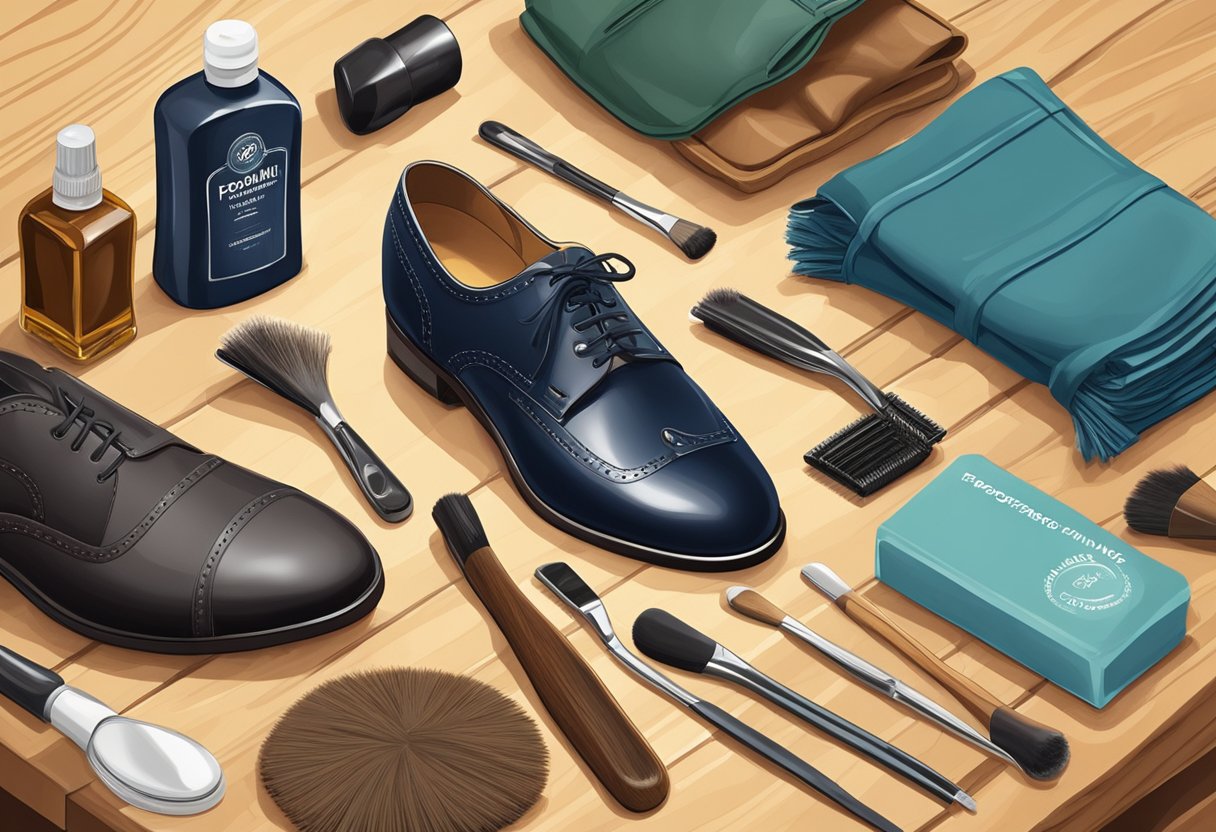 A shoe polishing kit sits open on a wooden table, with various brushes, cloths, and polish bottles arranged neatly around it