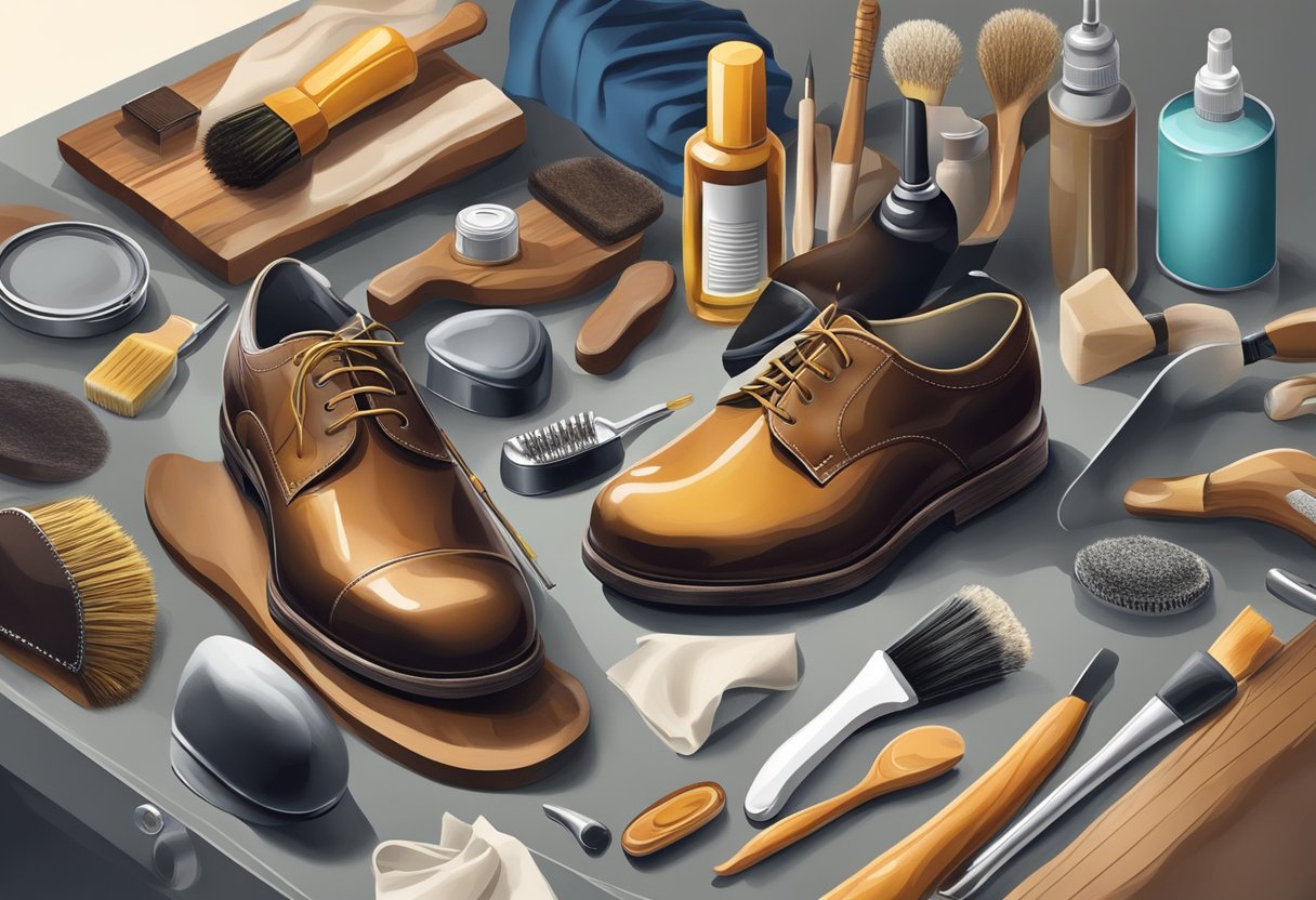 A man's shoe being conditioned and polished with a cloth and brush. Various shoe care products and tools are scattered around