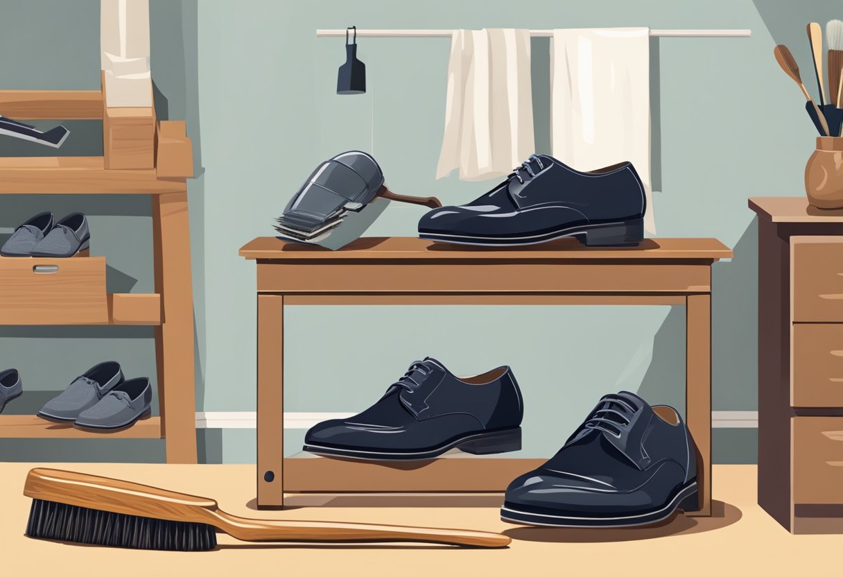 A well-polished pair of men's shoes sits on a wooden shoe rack, surrounded by a shoe brush, polish, and a shoe tree. A "How to Care for Your Men's Shoes" book is open nearby