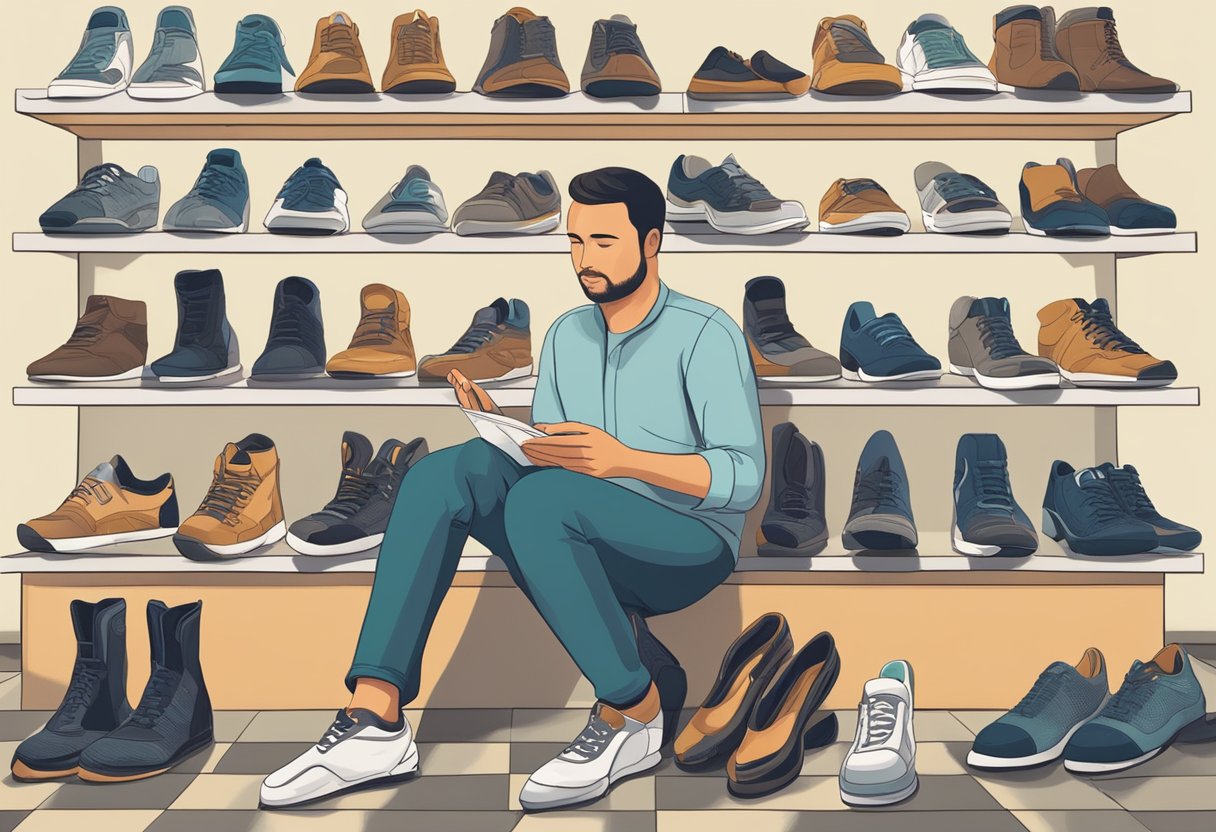 A person sits surrounded by various types of shoes, examining each one carefully. A podiatrist's poster on the wall emphasizes the importance of comfortable footwear for foot health