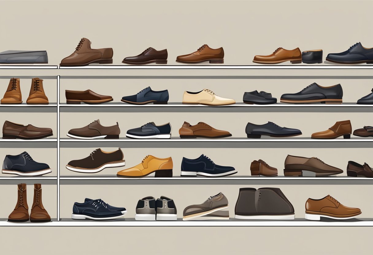 Various men's shoes arranged on a display shelf, including loafers, oxfords, sneakers, and boots. Each pair showcases different styles and designs