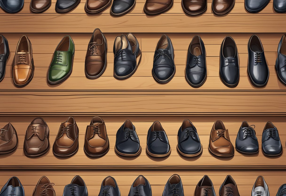 A pair of classic dress shoes arranged neatly on a wooden floor, surrounded by various types of men's shoes such as loafers, oxfords, and brogues