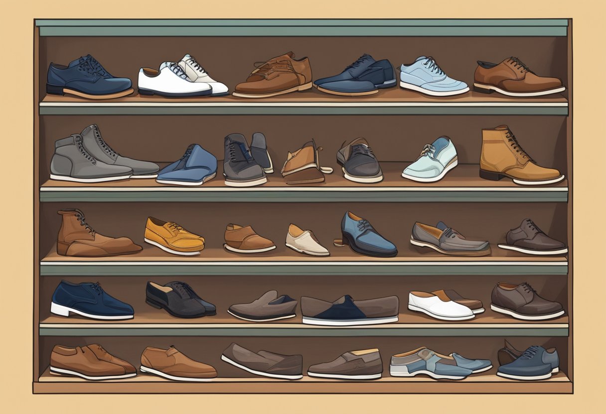 A variety of men's shoes are displayed on a shelf, including sneakers, loafers, boots, and dress shoes. Each pair showcases different styles and designs