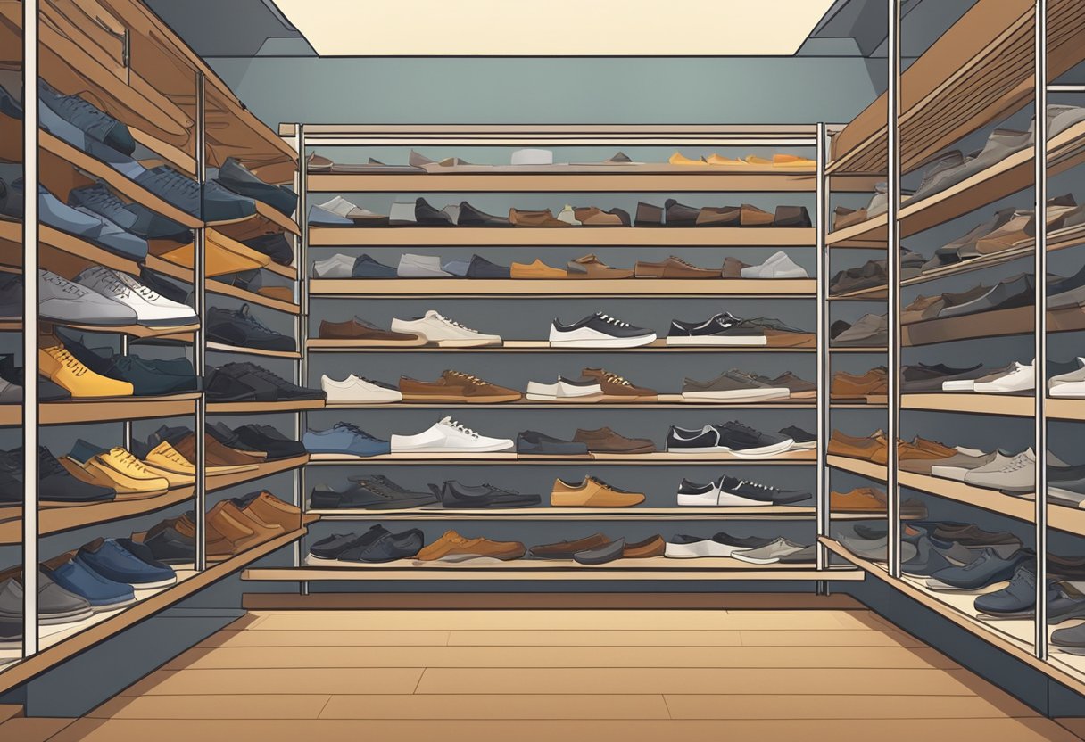 A variety of men's shoes, including dress shoes, sneakers, boots, and loafers, are neatly displayed on shelves in a well-lit store