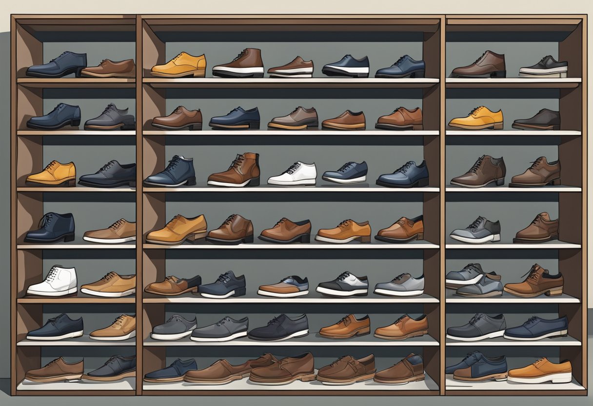 A display of men's shoes arranged on shelves, showcasing a variety of styles including boots, dress shoes, sneakers, and loafers