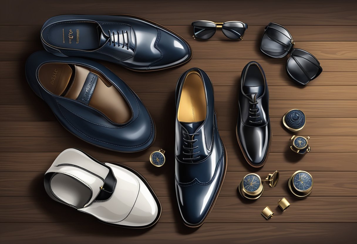 A pair of polished men's dress shoes placed neatly on a dark wooden floor, surrounded by a selection of coordinating accessories such as cufflinks, a tie, and a pocket square