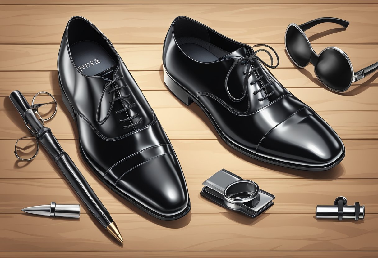 A pair of polished black Oxford shoes placed neatly on a wooden floor, accompanied by a selection of formal accessories such as a tie, cufflinks, and a pocket square