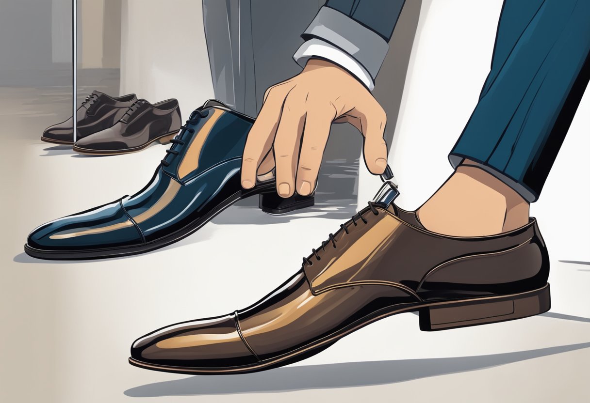 A well-dressed man carefully selects between polished leather and sleek suede shoes for a formal event