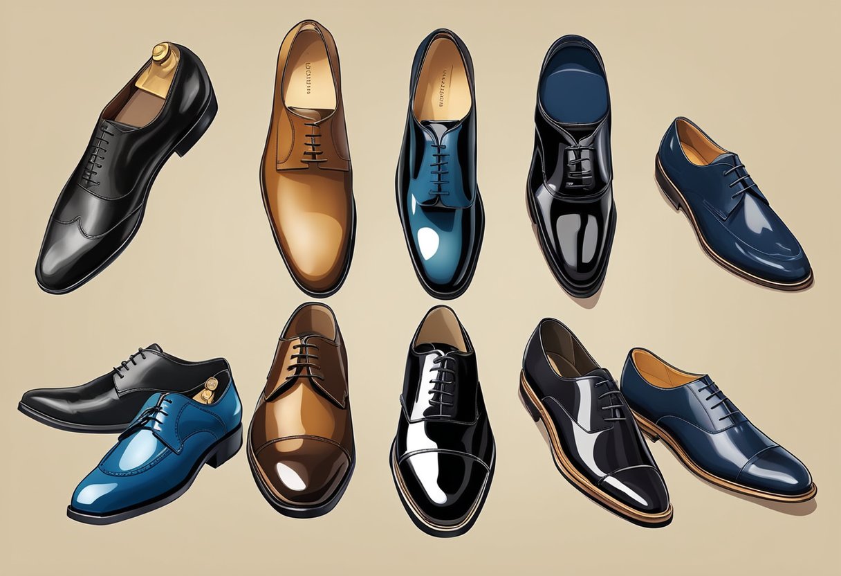 A lineup of men's formal shoes arranged in a symmetrical pattern, showcasing a variety of colors and styles for coordination and matching