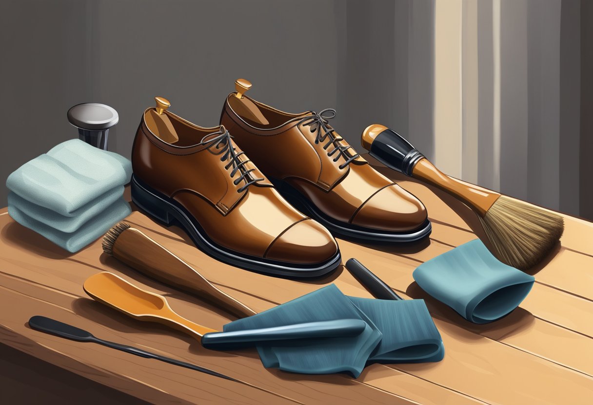 A polished pair of men's dress shoes placed on a wooden shoe rack, surrounded by a shoe brush, polish, and a soft cloth