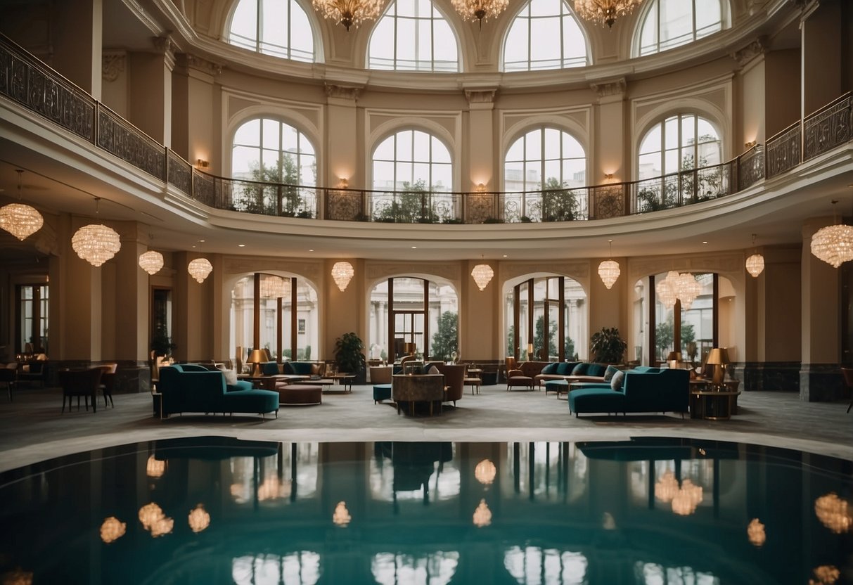 The hotel palace in Berlin features luxurious accommodations and amenities, including a grand lobby with chandeliers, a spa with a pool, and elegant guest rooms