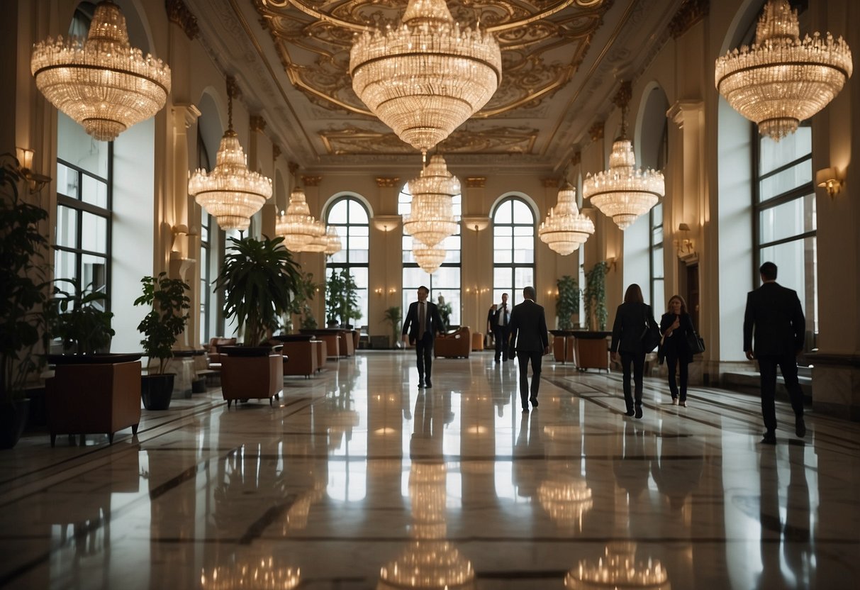 Guests wander through the grand lobby of the Locale Hotel Palace Berlin, admiring the ornate chandeliers and luxurious furnishings. The elegant marble floors and intricate architectural details create a sense of opulence and sophistication