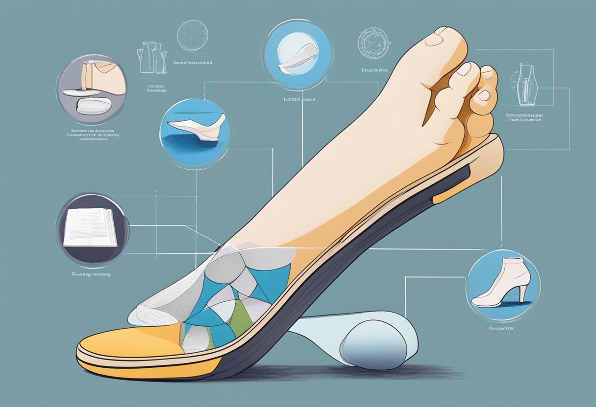 A woman's foot in various heels, with cushioned insoles and arch support, surrounded by research on heel comfort