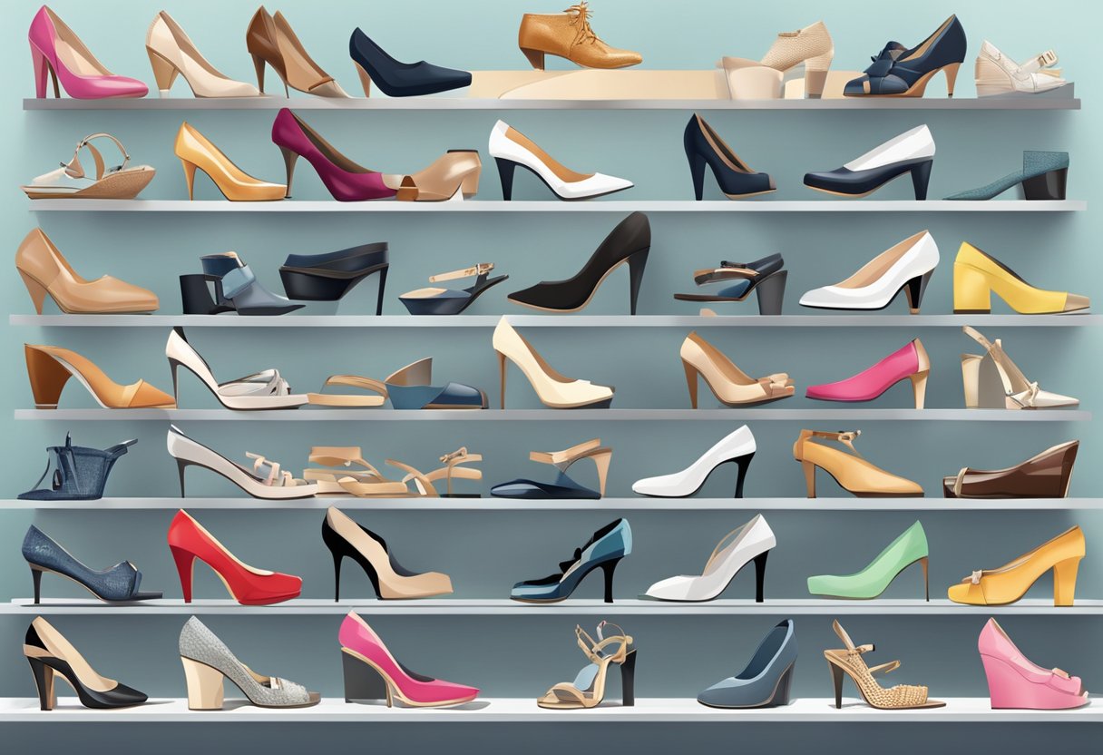 A display of stylish and comfortable heels from top brands, arranged neatly on shelves or pedestals, with soft lighting to highlight their details