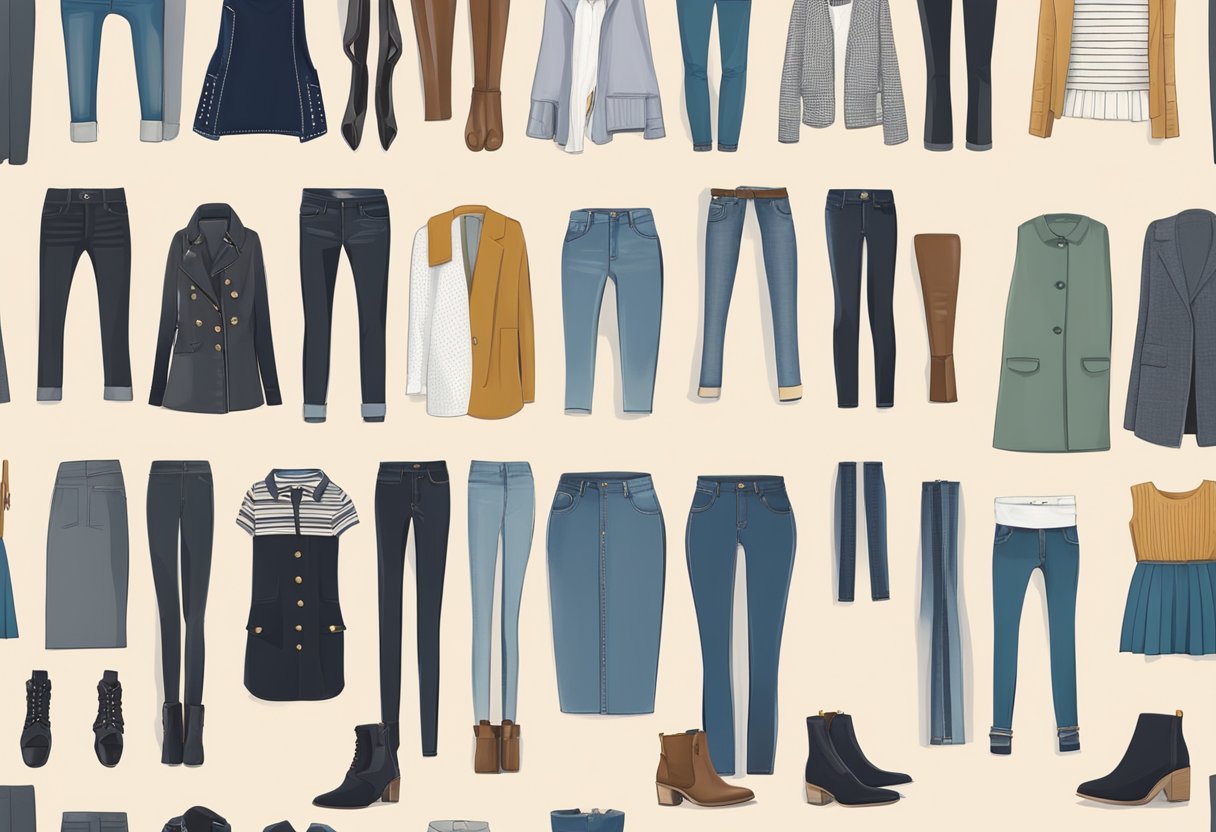 A woman's ankle boots placed next to a variety of outfits, including jeans, dresses, and skirts, to showcase their versatility and style