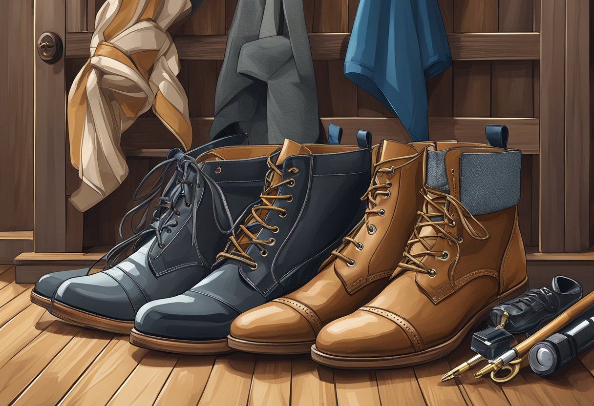 A pair of ankle boots placed neatly on a wooden floor, surrounded by various outfits and accessories, showcasing the versatility of the footwear