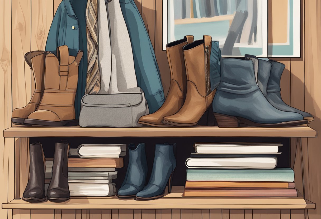 Ankle boots displayed on a rustic wooden shelf with a stylish backdrop of fashion magazines and a cozy rug