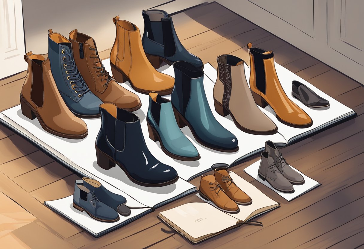 Ankle boots arranged on a wooden floor, paired with various outfits for different occasions. A style guide book open nearby