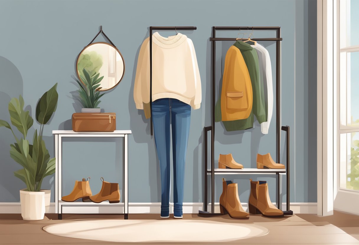 Ankle boots on a shoe rack, next to a cozy sweater and a pair of jeans. A mirror reflects the boots, showcasing their stylish and versatile design