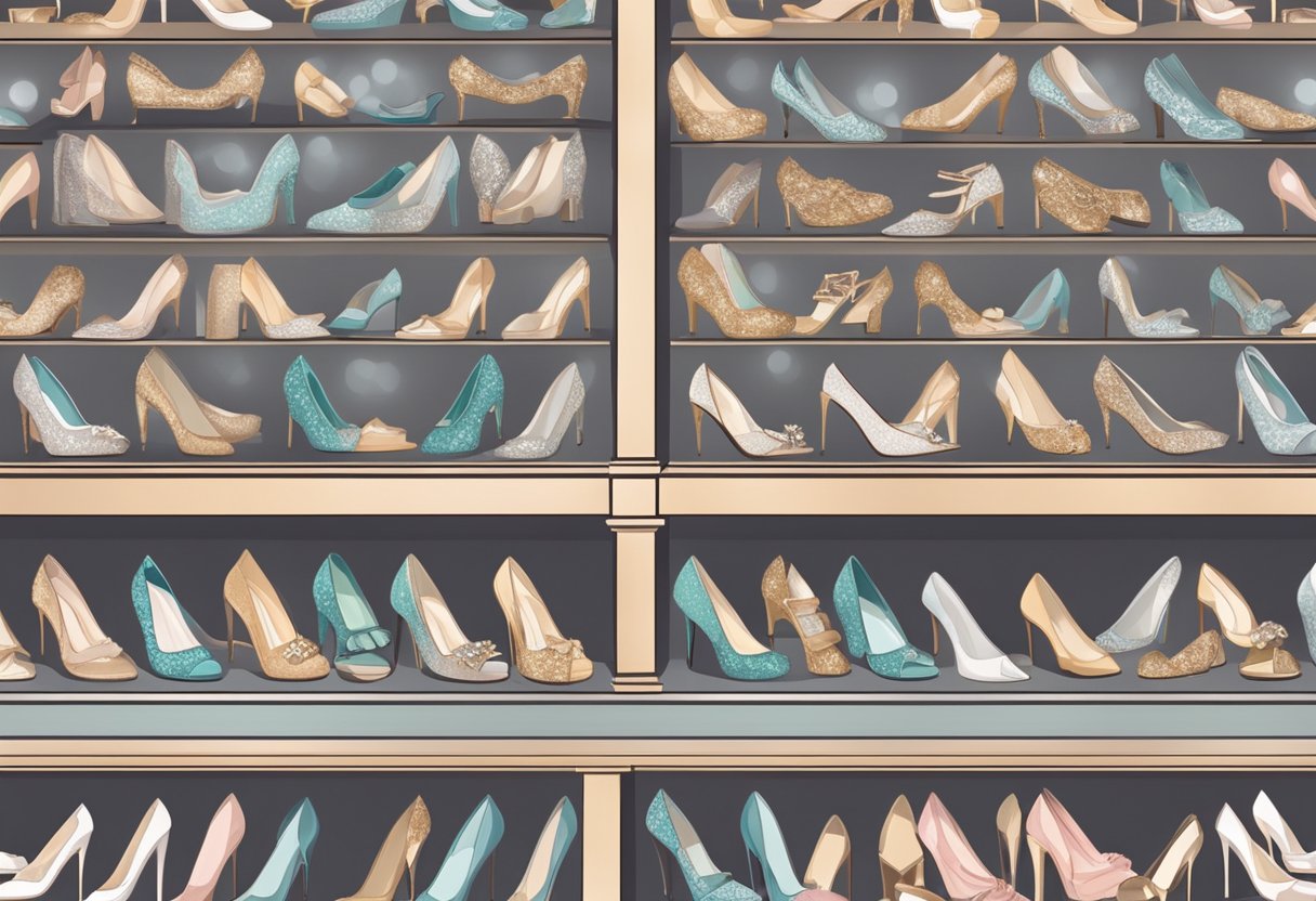 A display of elegant wedding shoes in various styles and colors, arranged neatly on shelves with soft lighting highlighting their details