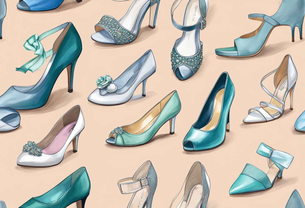 A variety of wedding shoe styles displayed on a table, including heels, flats, and sandals. Colors range from classic white to bold metallics and soft pastels