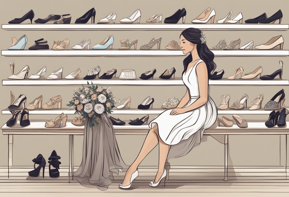 A bride sits surrounded by various styles of wedding shoes, considering heel height, comfort, and style. A checklist of factors to consider lies on the table