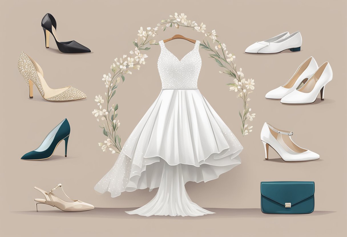 A wedding dress and a selection of shoes arranged on a table, with a guide titled "How to Choose the Perfect Pair of Wedding Shoes"