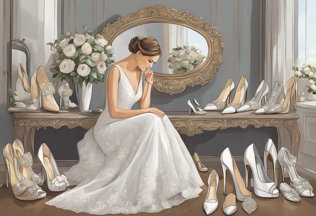 A bride sits surrounded by various styles of wedding shoes, carefully examining each pair with a thoughtful expression. A mirror reflects her image as she contemplates the perfect pair for her special day