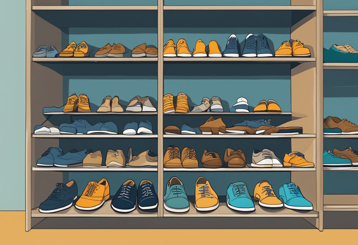 A shelf filled with worn-out, cheap shoes next to a single pair of high-quality, well-maintained shoes. The contrast highlights the long-term cost efficiency of investing in quality footwear