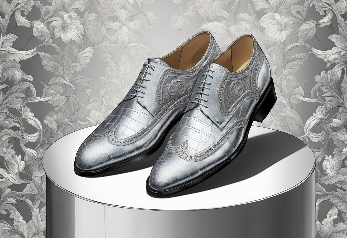 A pair of high-quality shoes displayed on a pedestal, showcasing intricate detailing and fine craftsmanship. The shoes exude luxury and elegance, emphasizing their aesthetic and craftsmanship value