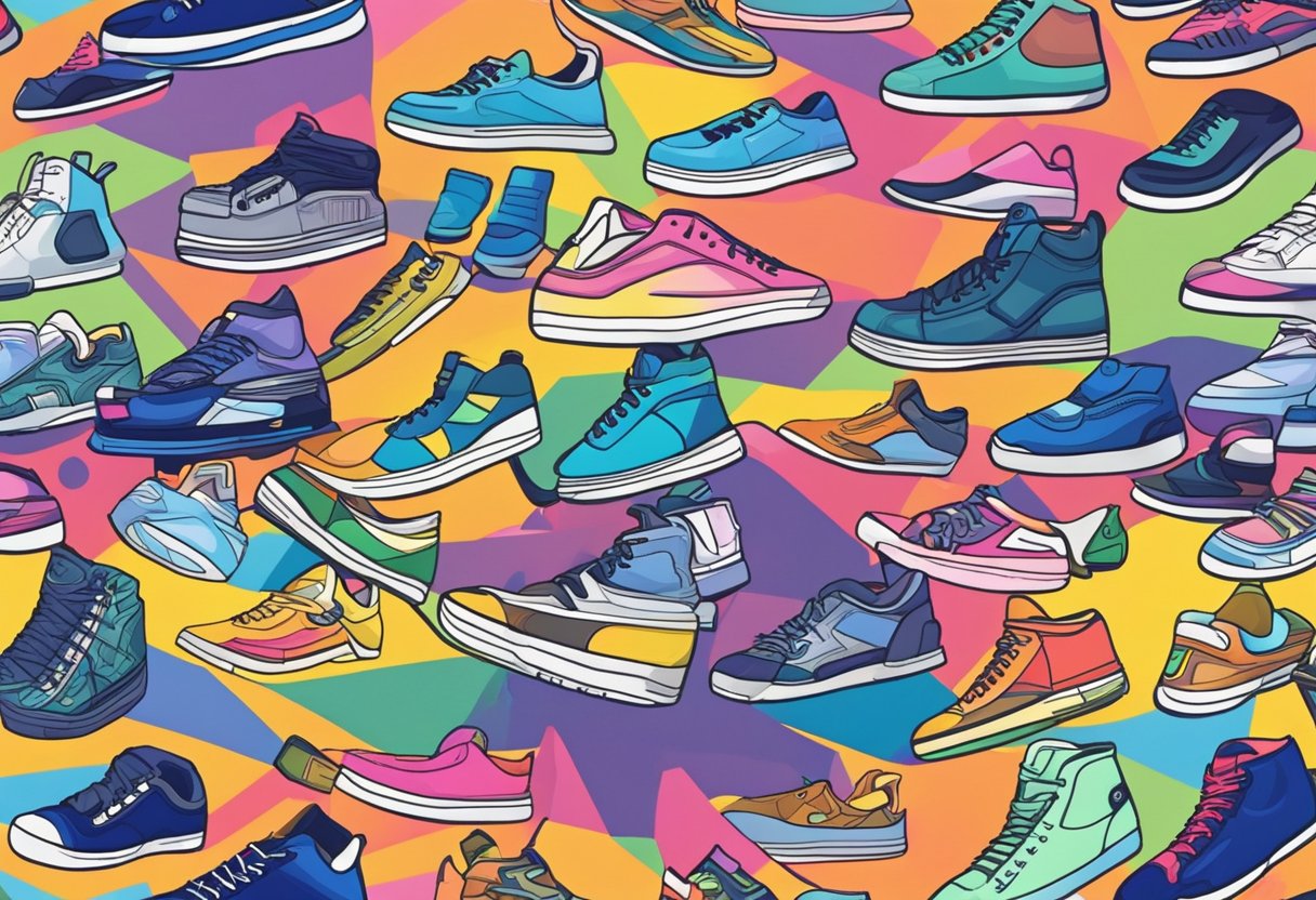 A pile of sneakers arranged neatly on a colorful background, with a variety of styles and colors to depict the versatility of sneaker fashion