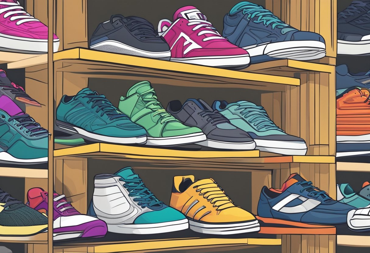 A variety of sneakers arranged on a display shelf, each representing a different type such as athletic, casual, and fashion-forward styles