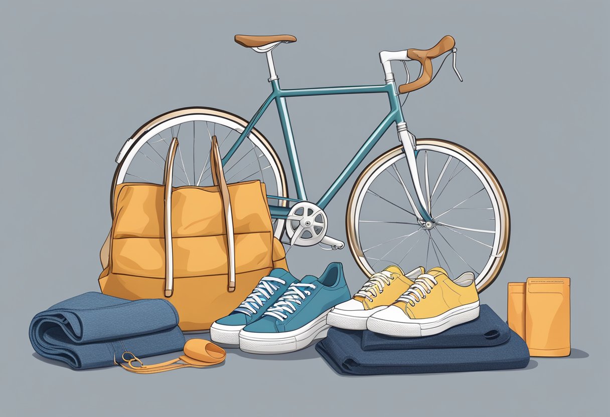 A pair of sneakers placed next to a yoga mat, a bicycle, and a pair of jeans, showcasing their versatility for exercise, casual outings, and everyday wear